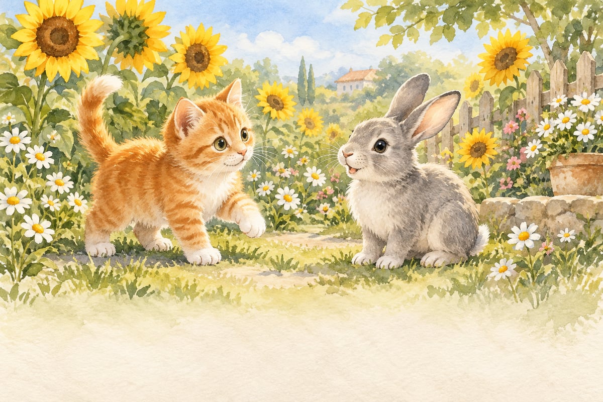 A watercolour kitten and rabbit meet in a sunny garden full of sunflowers